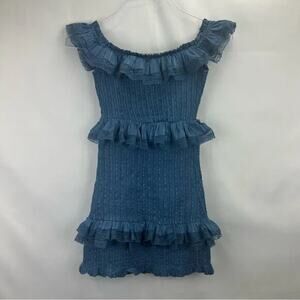 Tularosa Teri Blue Ruffled Lace Smocked Off the Shoulder Mini Dress Size XS